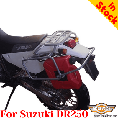 Suzuki DR250 side carrier pannier rack for bags or aluminum cases for additional gas can